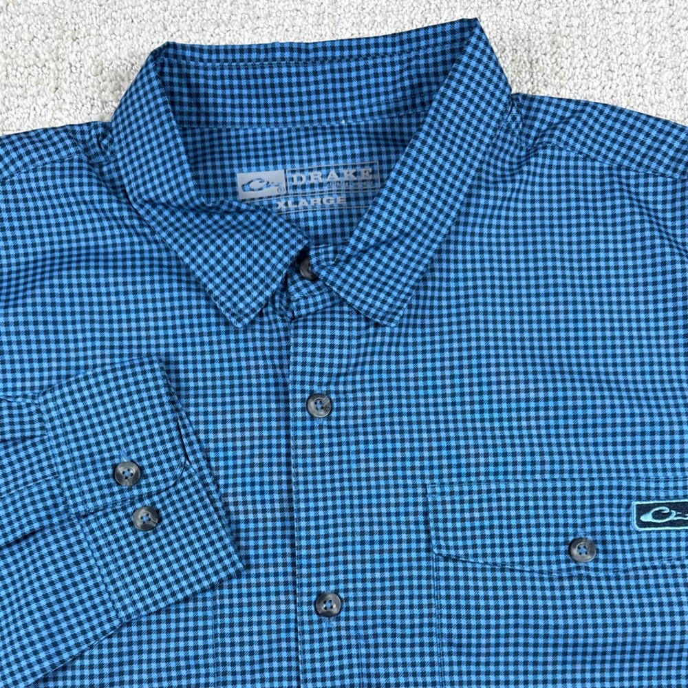 Drake Mens XL Blue Check Performance Long Sleeve Button Up Fishing Shirt